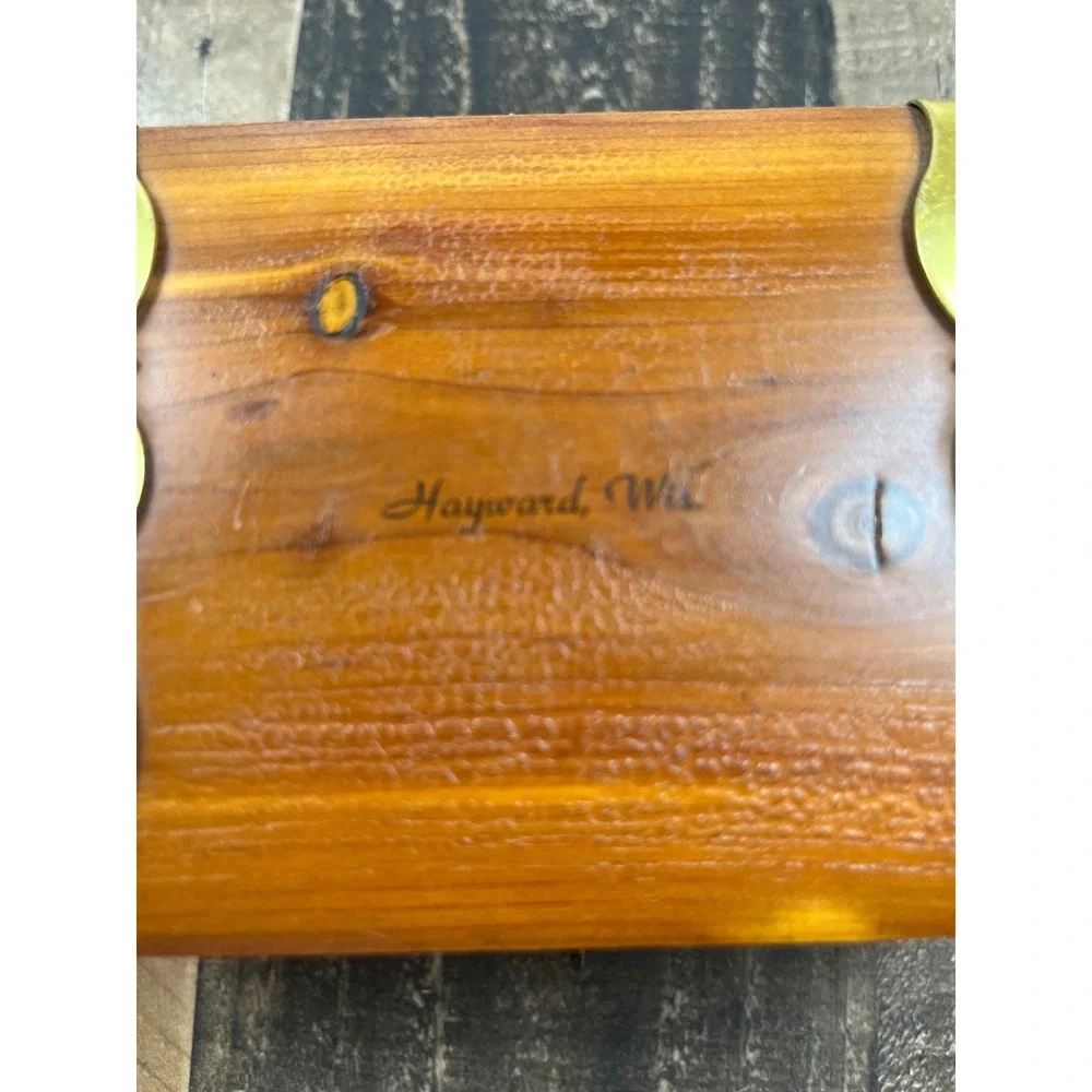Vintage Cedar Wood Treasure Chest Jewelry Box Hayward Wisconsin Brass Straps